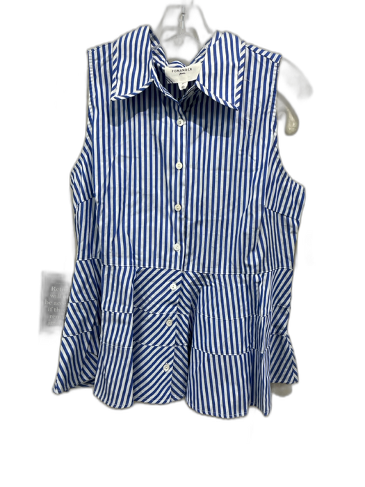 Pomander Place Size M Blue & White Cotton Striped Sleeveless Collar Top Blue & White / M