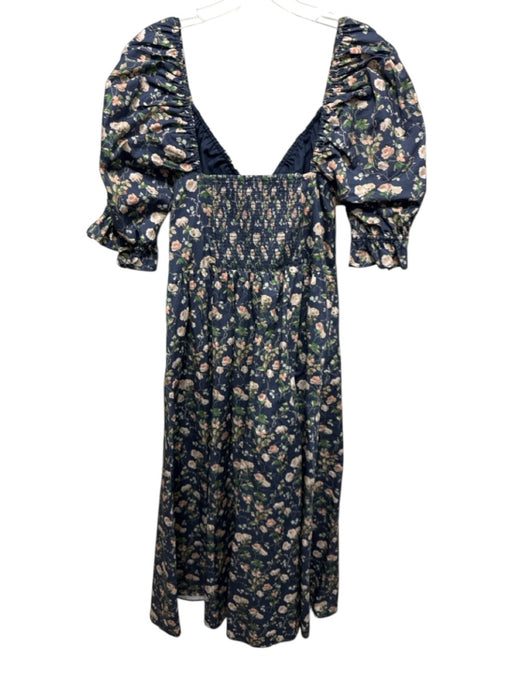 Hill House Size Medium Navy, Green, Pink Cotton Short Puff Sleeve Floral Dress Navy, Green, Pink / Medium