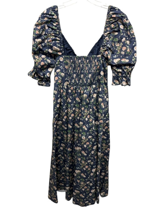 Hill House Size Medium Navy, Green, Pink Cotton Short Puff Sleeve Floral Dress Navy, Green, Pink / Medium