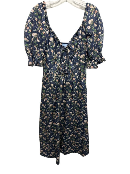 Hill House Size Medium Navy, Green, Pink Cotton Short Puff Sleeve Floral Dress Navy, Green, Pink / Medium