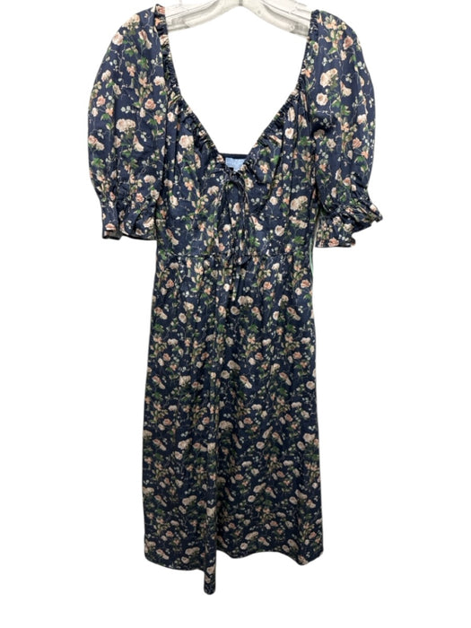 Hill House Size Medium Navy, Green, Pink Cotton Short Puff Sleeve Floral Dress Navy, Green, Pink / Medium