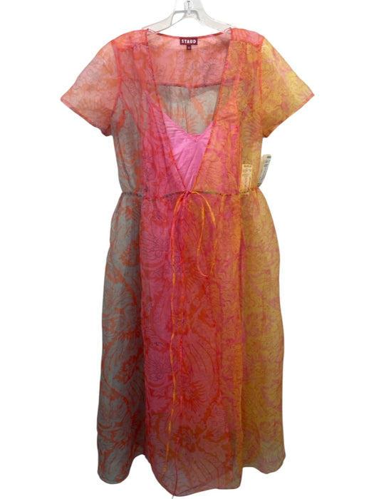 Staud Size XS Orange, Pink, Blue Polyester Short Sleeve Floral Sheer Dress Orange, Pink, Blue / XS