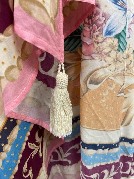 Agua Bendita Red, Beige & Multi Viscose Floral Tassel Detail Cover-Up Shawl