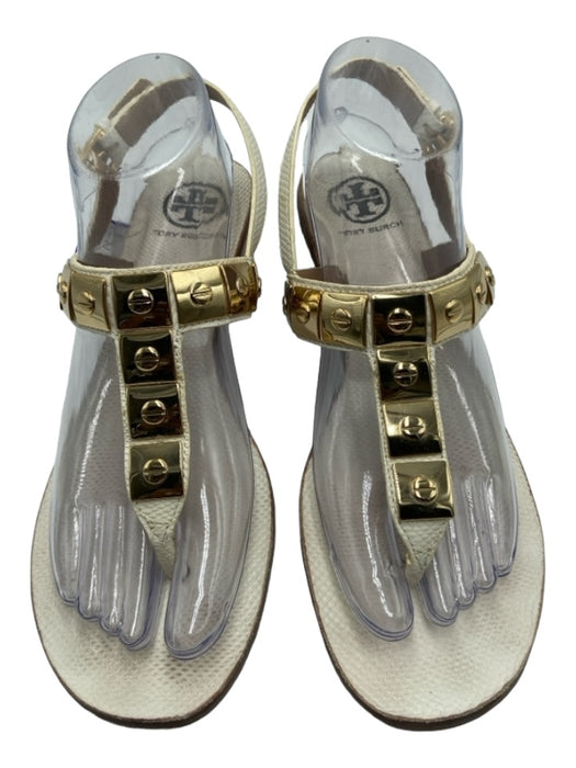 Tory Burch Shoe Size 8.5 Cream & Gold Leather Thong Gold Hardware Sandals Cream & Gold / 8.5