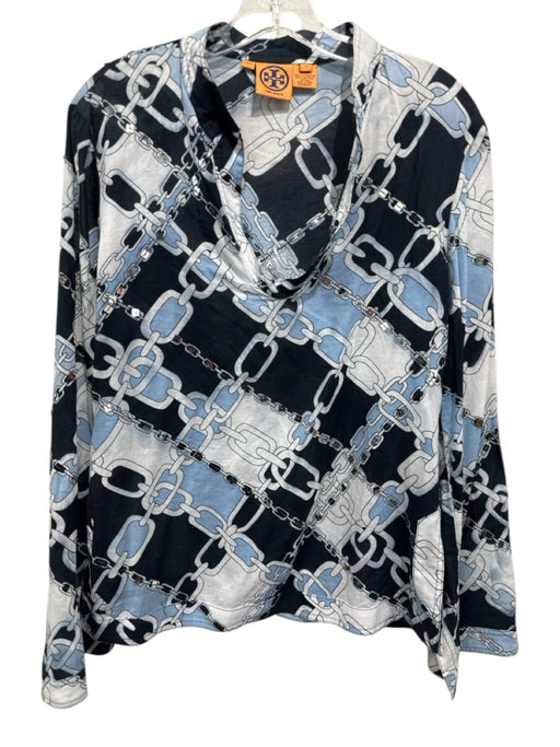 Tory Burch Size 10 Black, Blue, White Cotton Long Sleeve Chain Link Sequined Top Black, Blue, White / 10