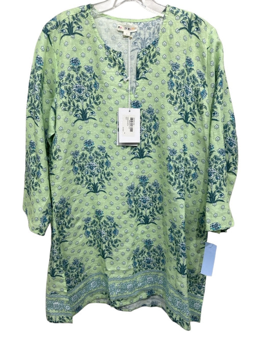 Roller Rabbit Size Medium Light Green & Blue Linen Long Sleeve Floral Tunic Top Light Green & Blue / Medium