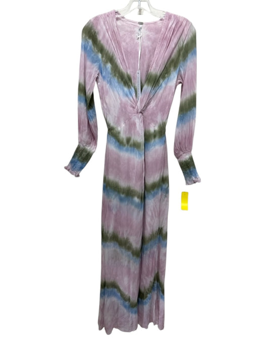 Young Fab & Broke Size XS Pink & Multi Viscose Long Sleeve V Neck Maxi Dress Pink & Multi / XS