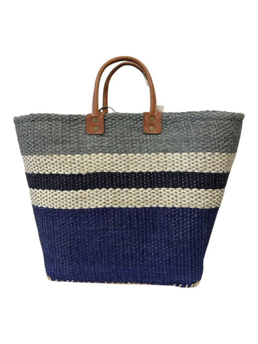 Mar Y Sol Navy, White, Gray Straw Tote Striped Top Handle Leather Detail Bag Navy, White, Gray / Large