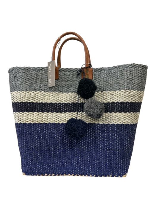 Mar Y Sol Navy, White, Gray Straw Tote Striped Top Handle Leather Detail Bag Navy, White, Gray / Large