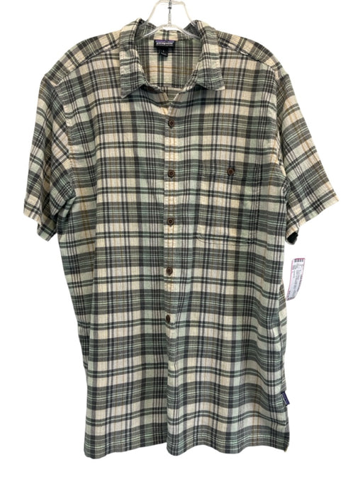 Patagonia Size L Beige & Green Cotton Blend Seersucker Button Up Short Sleeve Beige & Green / L