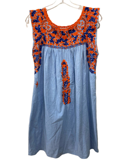 Mi Golondrina Size Small Blue & Orange Cotton Sleeveless Floral Embroidery Dress