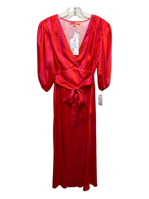 Vilagallo Size 36 Orange & Hot Pink Polyester Short Puff Sleeve V Neck Dress Orange & Hot Pink / 36