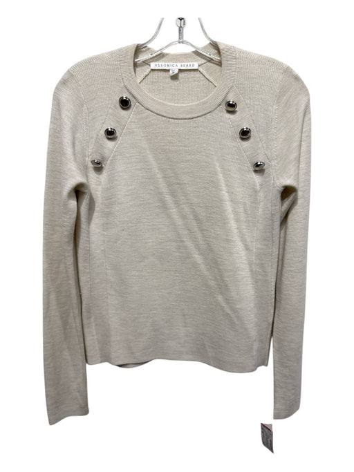 Veronica Beard Size XS Creme Merino Wool Ribbed Silver Buttons Crew Neck Sweater Creme / XS