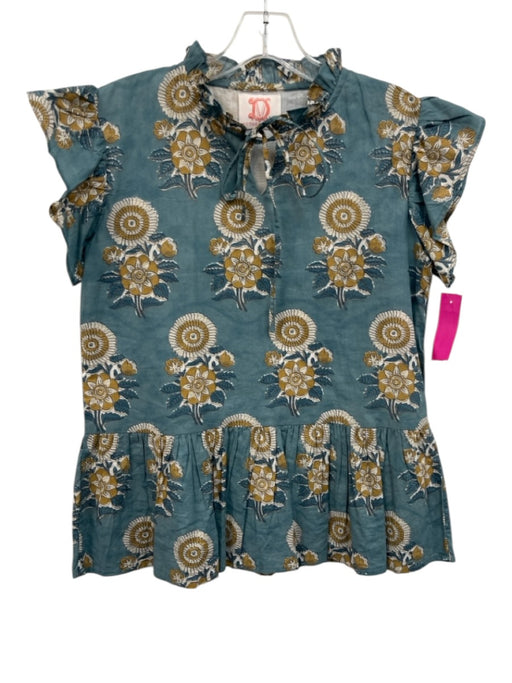 Victoria Dunn Size X Teal & Yellow Cotton Floral Tie V Neck Top Teal & Yellow / X