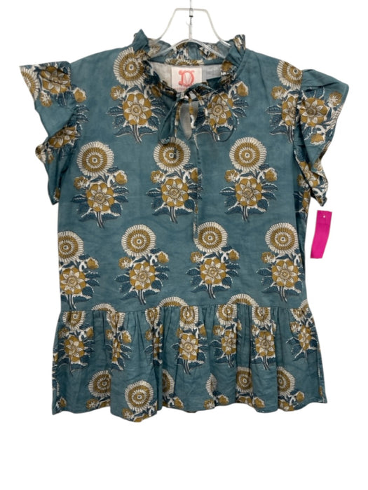 Victoria Dunn Size X Teal & Yellow Cotton Floral Tie V Neck Top Teal & Yellow / X