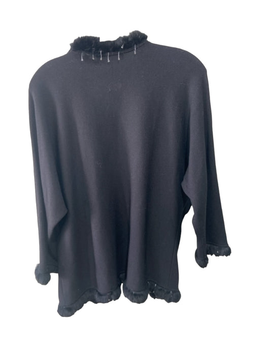 Escada Size 42 Black Wool & Rayon Long Sleeve Tassels Open Faux Fur Cardigan Black / 42