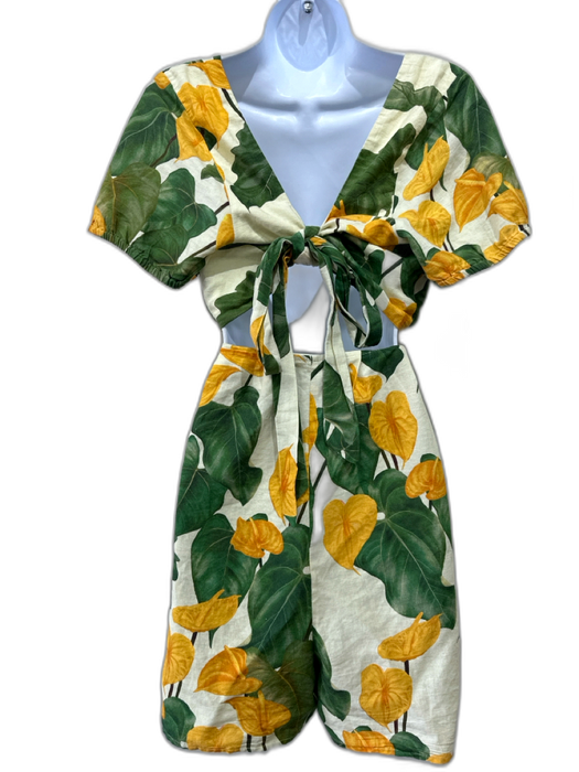 Farm Rio Size L Yellow, Green & Cream Linen Short Sleeve floral & leaves Romper Yellow, Green & Cream / L