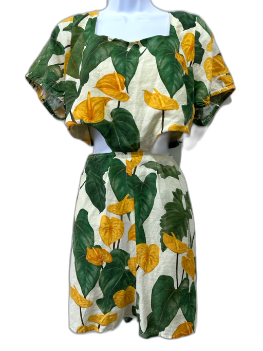 Farm Rio Size L Yellow, Green & Cream Linen Short Sleeve floral & leaves Romper Yellow, Green & Cream / L