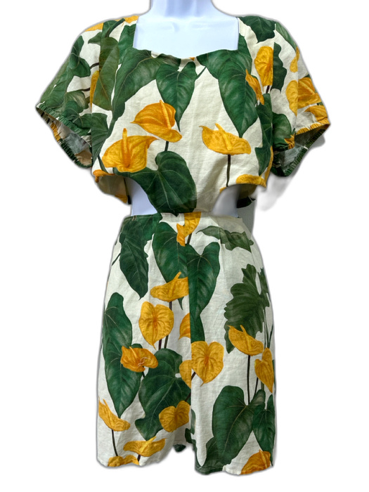 Farm Rio Size L Yellow, Green & Cream Linen Short Sleeve floral & leaves Romper Yellow, Green & Cream / L