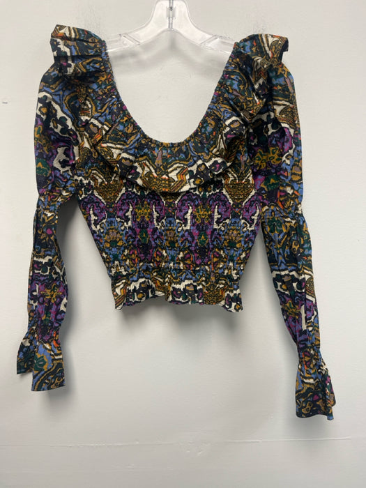 Cleobella Size S Purple, Black, Yellow Cotton Smocked Ruffle Detail Abstract Top