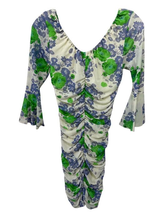 Ganni Size 32 Cream, Green, Blue Polyamide Rouched Floral Print Dress Cream, Green, Blue / 32