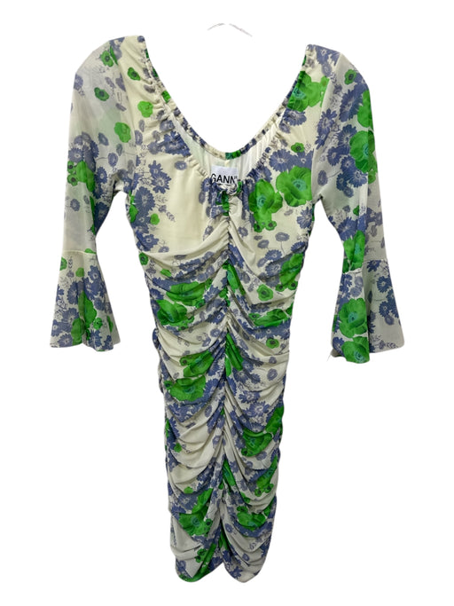 Ganni Size 32 Cream, Green, Blue Polyamide Rouched Floral Print Dress Cream, Green, Blue / 32