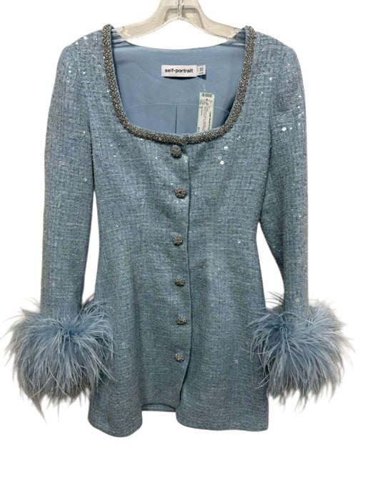 Self Portrait Size 2 Light Blue & Silver Polyester Long Sleeve Sequin Dress Light Blue & Silver / 2