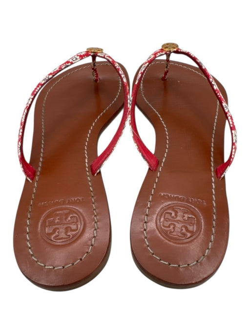 Tory Burch Shoe Size 6.5 Brown, Red, White Leather Flip Flop Floral Logo Sandals Brown, Red, White / 6.5