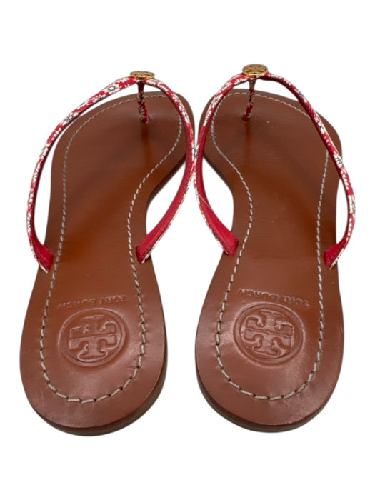 Tory Burch Shoe Size 6.5 Brown, Red, White Leather Flip Flop Floral Logo Sandals Brown, Red, White / 6.5