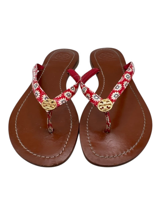 Tory Burch Shoe Size 6.5 Brown, Red, White Leather Flip Flop Floral Logo Sandals Brown, Red, White / 6.5