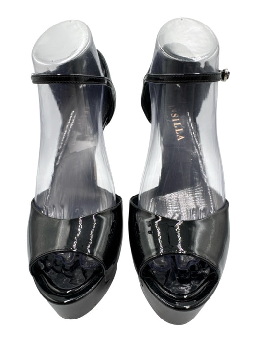 Le Silla Shoe Size 39 Black Leather Upper Patent Ankle Buckle Peep Toe Pumps Black / 39