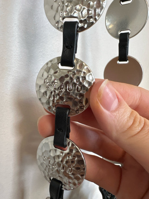 Staud Black & Silver Leather & Metal Hammered Top Handle Bag