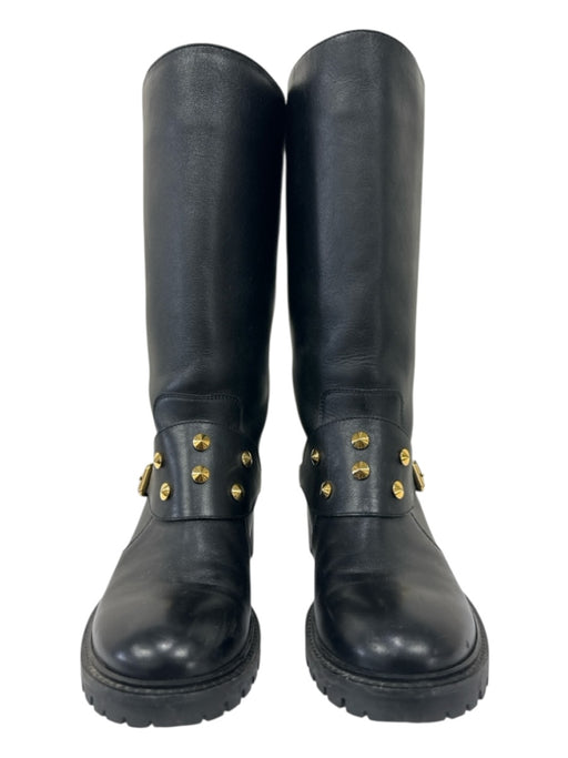 Fendi Shoe Size 38 Black & Gold Leather Gold Studs Buckle Detail Calf High Boots Black & Gold / 38