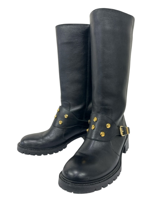 Fendi Shoe Size 38 Black & Gold Leather Gold Studs Buckle Detail Calf High Boots Black & Gold / 38