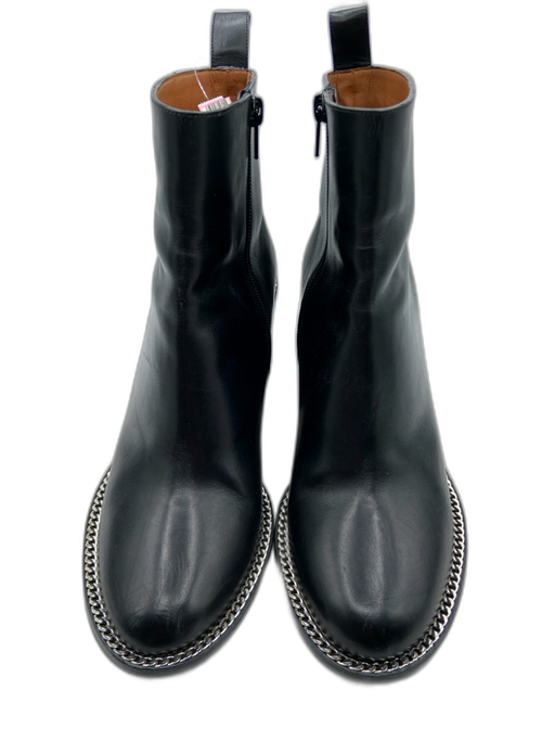 Givenchy Shoe Size 39 Black Leather Silver Chain Block Heel Side Zip Ankle Boots Black / 39