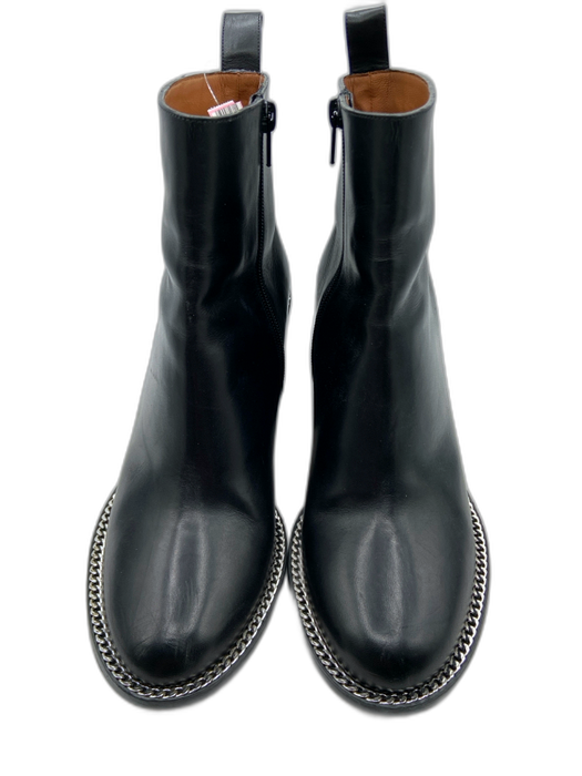 Givenchy Shoe Size 39 Black Leather Silver Chain Block Heel Side Zip Ankle Boots Black / 39