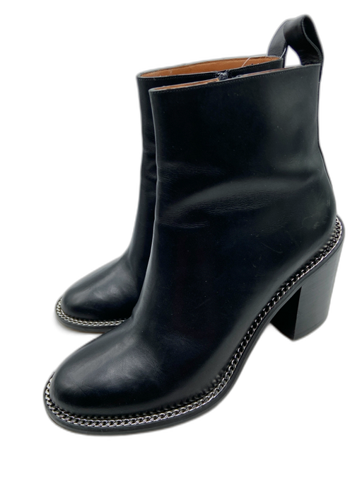 Givenchy Shoe Size 39 Black Leather Silver Chain Block Heel Side Zip Ankle Boots Black / 39