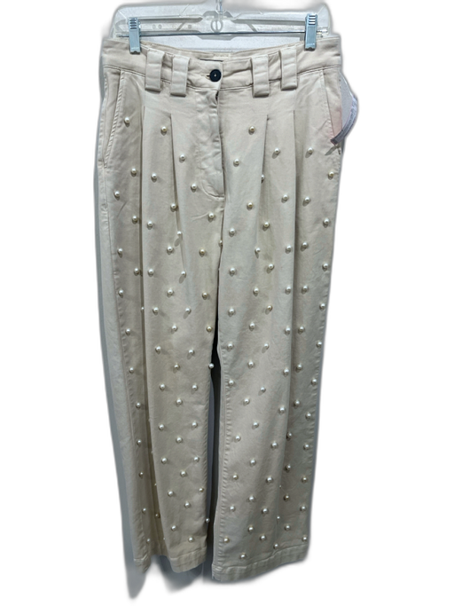 FRENKEN Size 38 Khaki Cotton Blend Belt Loops Pearl Detail Straight Leg Pants Khaki / 38