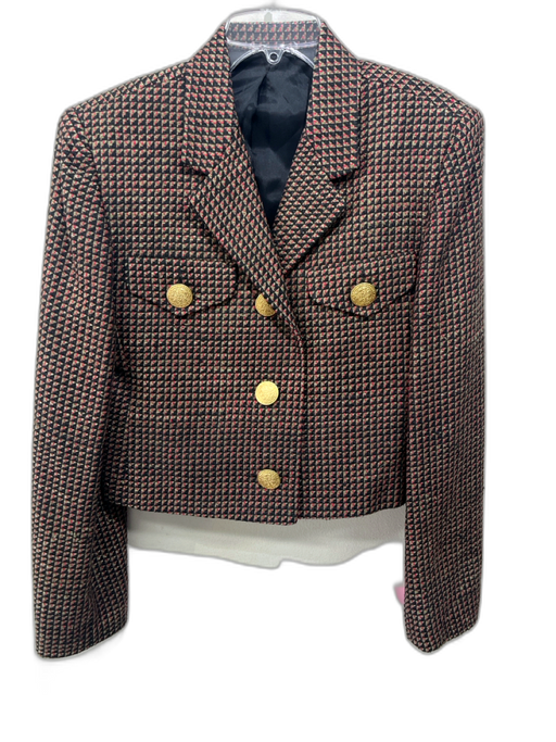 Ann May Size 8 Black, Taupe & Red Silk Geometric Two Button Cropped Jacket Black, Taupe & Red / 8