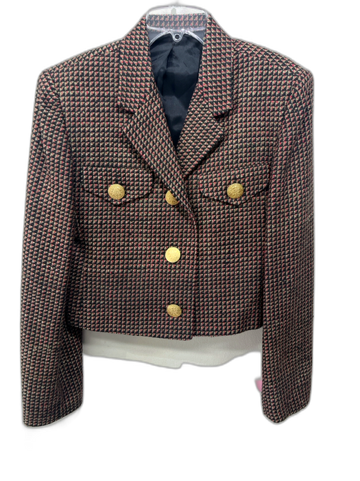 Ann May Size 8 Black, Taupe & Red Silk Geometric Two Button Cropped Jacket Black, Taupe & Red / 8