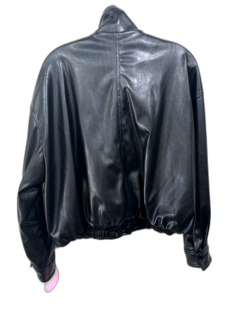 Zara Size M Black PU Leather Elastic Waist High Neck Bomber Jacket Black / M