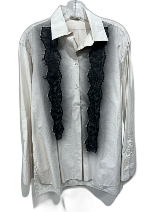 Bottega Veneta Size 42 Cream & Black Silk Button Up Lace Detail Collared Top Cream & Black / 42