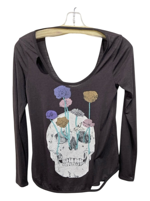 Chasor Size XS Dark Gray & Multi Cotton Blend Scoop Neck 3/4 Sleeve Skull Top Dark Gray & Multi / XS