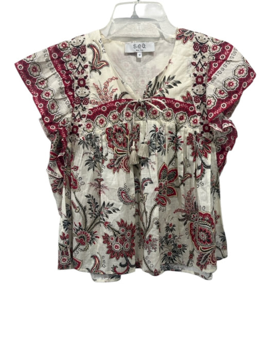 Sea New York Size XS Beige & Red Cotton Embroidered Floral Tassel Tie Detail Top Beige & Red / XS