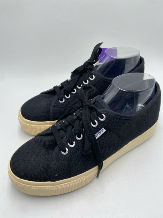 Superga Shoe Size 41.5 Black & Beige Canvas Lace Up Low Top Platform Sneakers