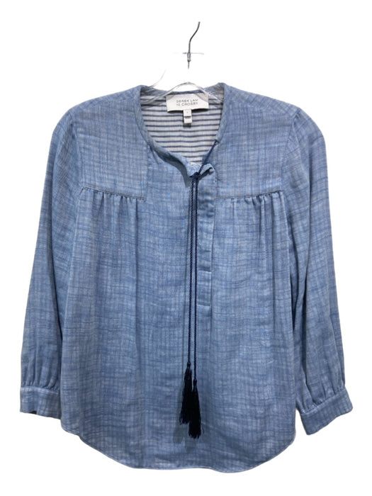 Derek Lam 10 Crosby Size 2 Chambray Blue Cotton Tassel Tie Neck Half Button Top Chambray Blue / 2