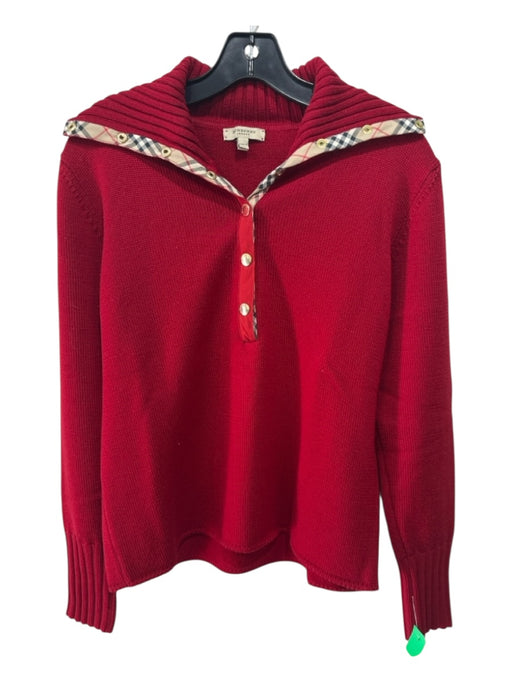Burberry Size Large Red Wool Rib Knit 1/2 Button Snap Button Pullover Sweater Red / Large