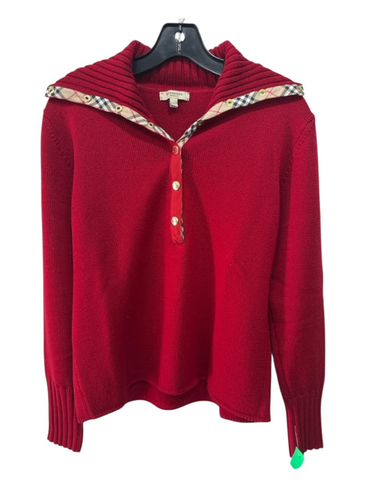 Burberry Size Large Red Wool Rib Knit 1/2 Button Snap Button Pullover Sweater Red / Large