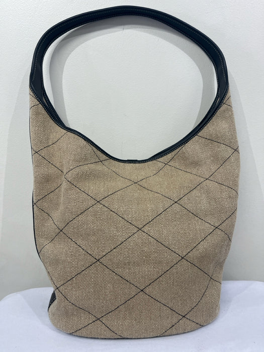 Tory Burch Tan & black Leather & Linen Quilted Logo Shoulder Hobo Bag