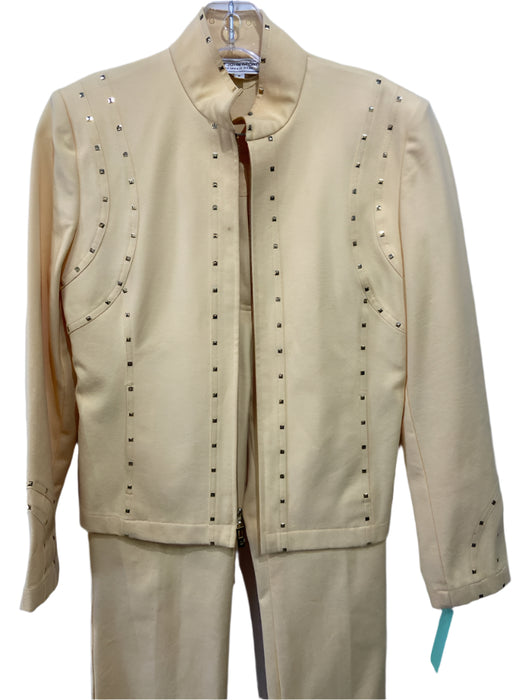 St John Sport Size P/2 Butter Yellow Cotton Studded Front Zip Collar Pant Set